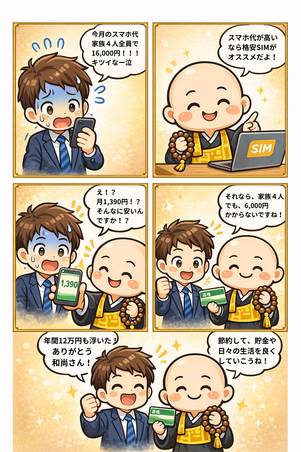 お金の和尚さんの格安SIM講座 - 大手キャリアから格安SIMに乗り換えて年間12万円節約する4コマ漫画